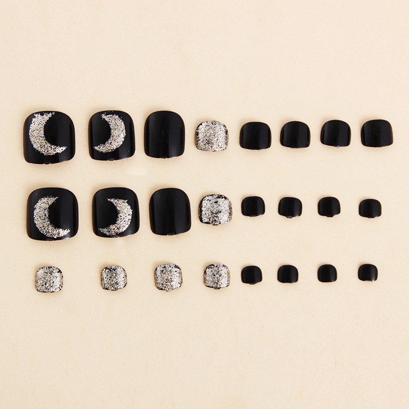 96Pcs-Black Glitter Moon Rhinestone Cool Square Daily Summer Toe Press on Nails