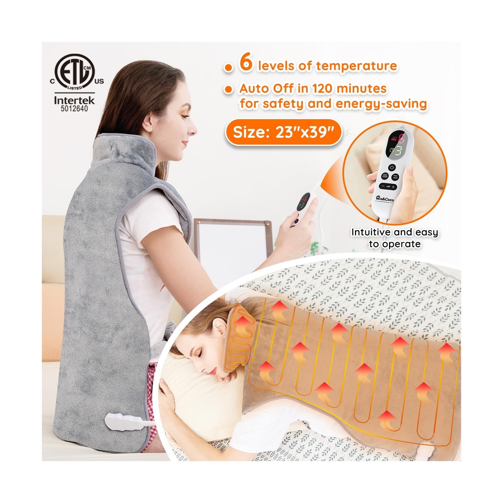 Mia&Coco Heating Pad for Neck Shoulders and Back, XL 23″x39″ Soft Flannel Wra…