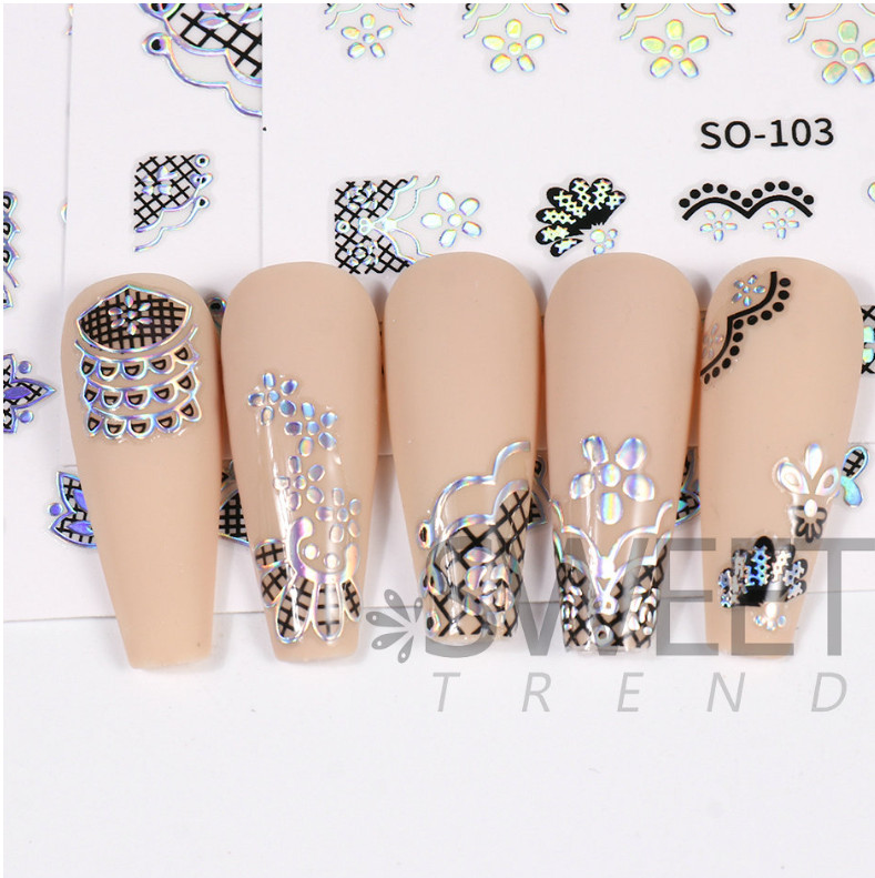 Silver Black Nail Sticker Laser Butterfly Rose Lace Flower Heart Peel Stick NH21