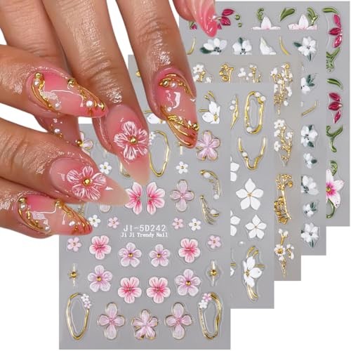 5D Embossed Flowers Nail Art Stickers, 5PCS Self-Adhesive White Colorful-06
