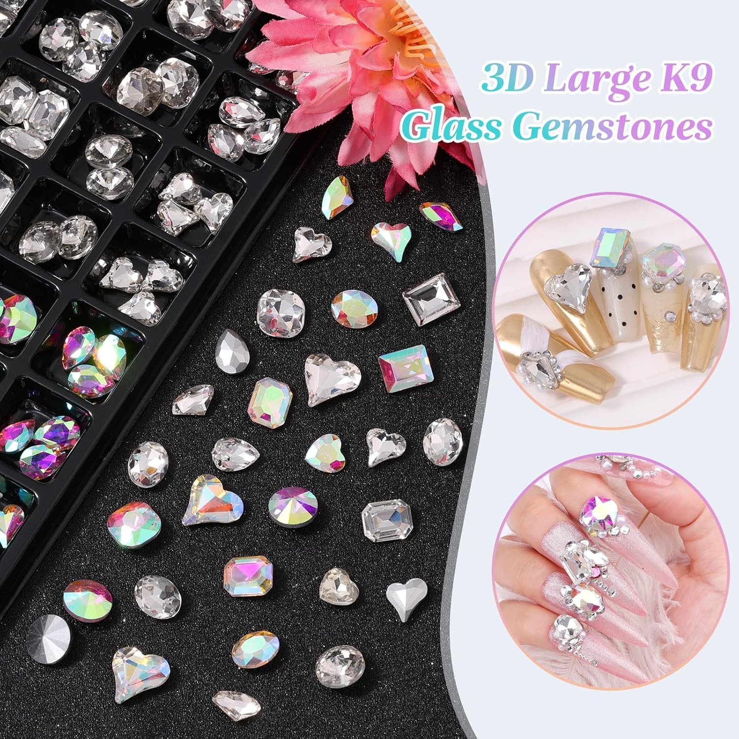 104PCS Large Clear AB Glass Nail Gems, 3D Rhinestones for Nail Art & DIY