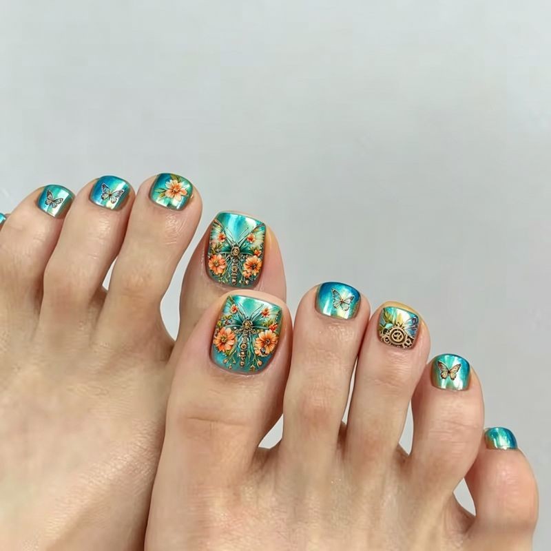 48Pcs Lake Blue Steampunk Nails, Butterfly Flower Design for Fingers & Toes
