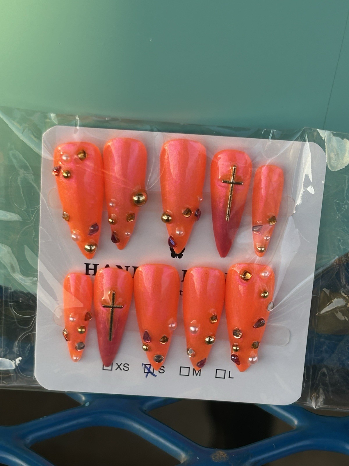 Handmade Ombré Orange/Pink Stiletto Press-On Nails Cross Gold Small