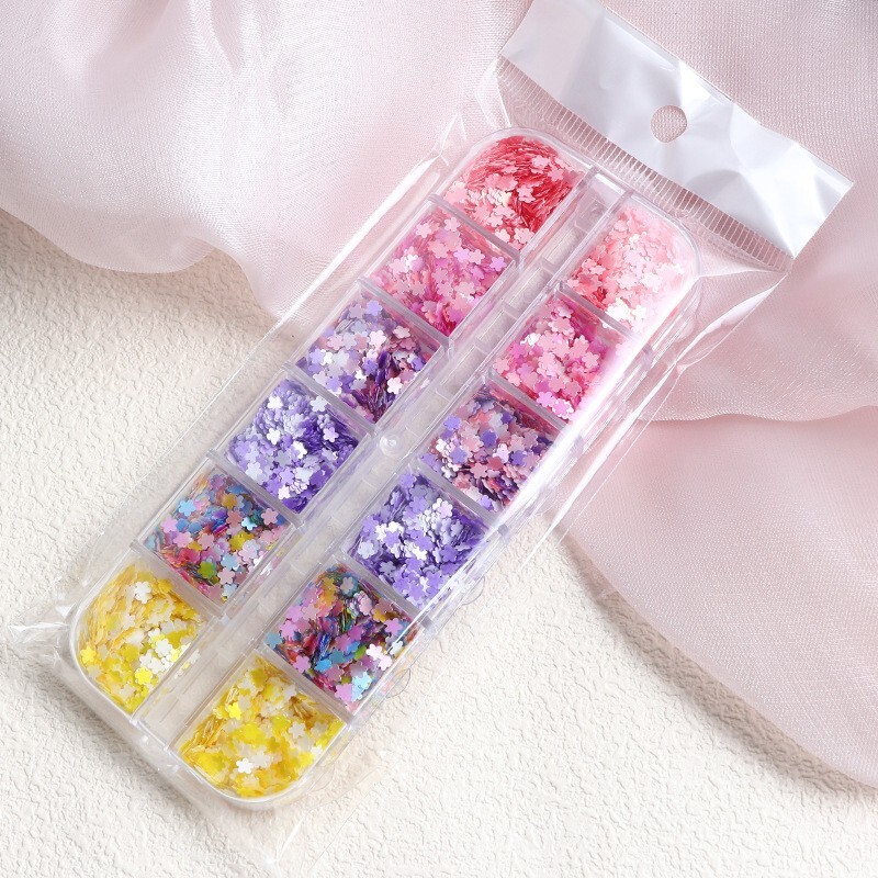 12 Grids Nail Sequins ~Glitter Flower Flakes Sparkly False Nail Art Tips Decor