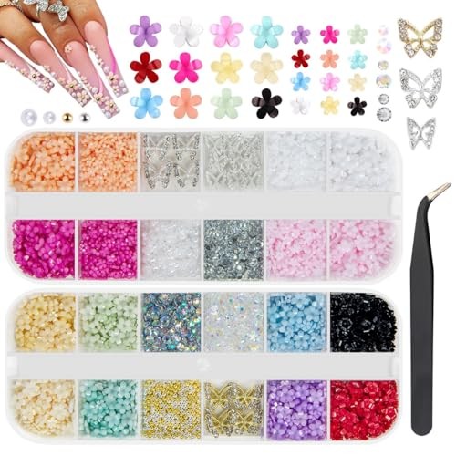 3D Flower Nail Charms Chunky Butterfly 2 Box Colorful Flowers Buterrfly Charms