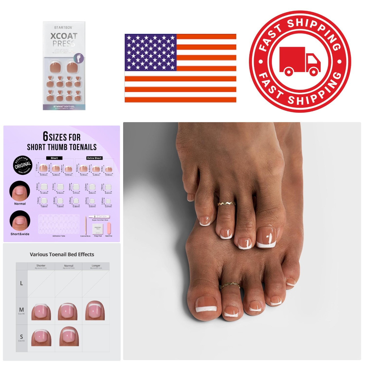 French Tip Press On Toenails 32 Piece Kit Malleable Gel Material for Comfort