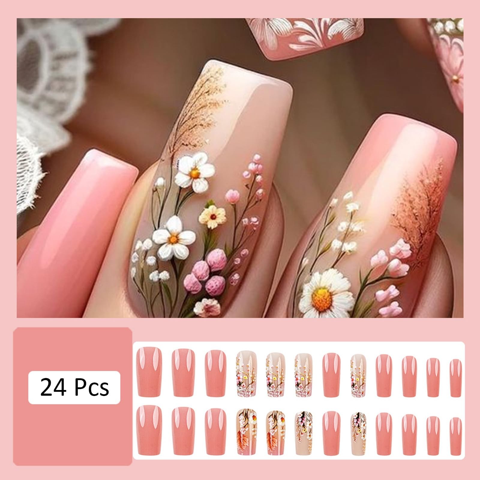 Flower Press on Nails Medium Coffin Fake 0.04 Fl Oz (Pack of 24), Pink