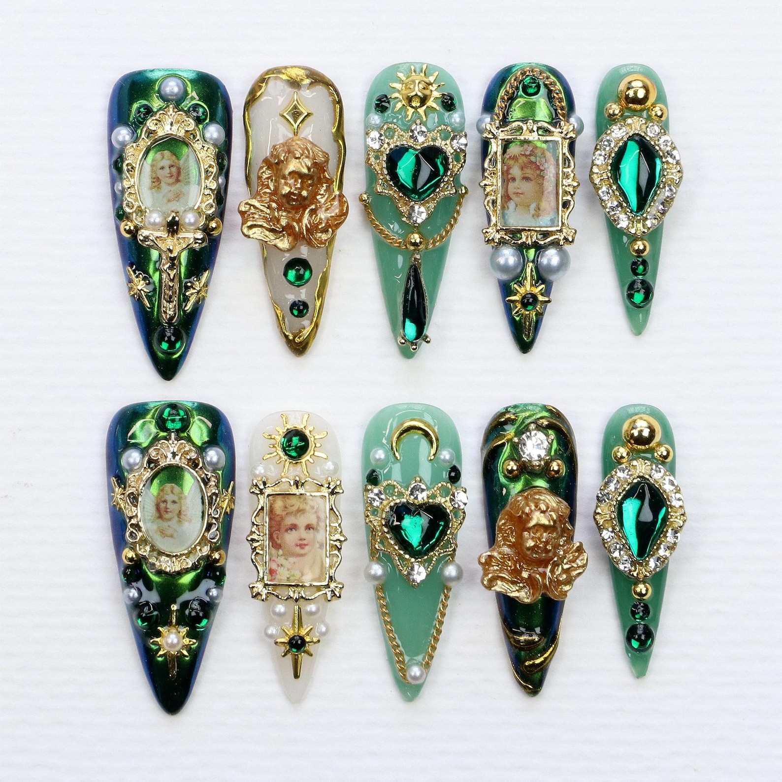 Handmade Vintage Angel Portrait Emerald Rhinestone Pearl Stiletto Press on Nails