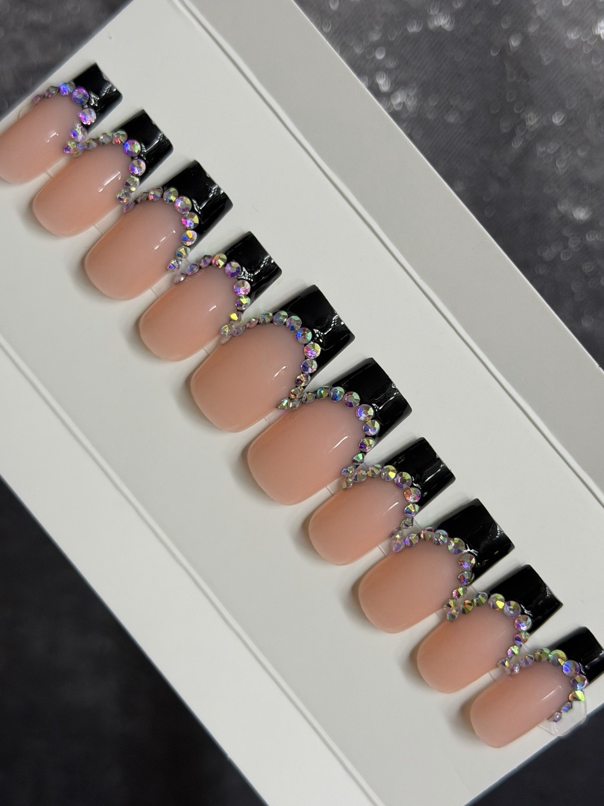 ✨ CUSTOM Press On Nails FRENCH BLACK BLING 10p SET W Kit Size M