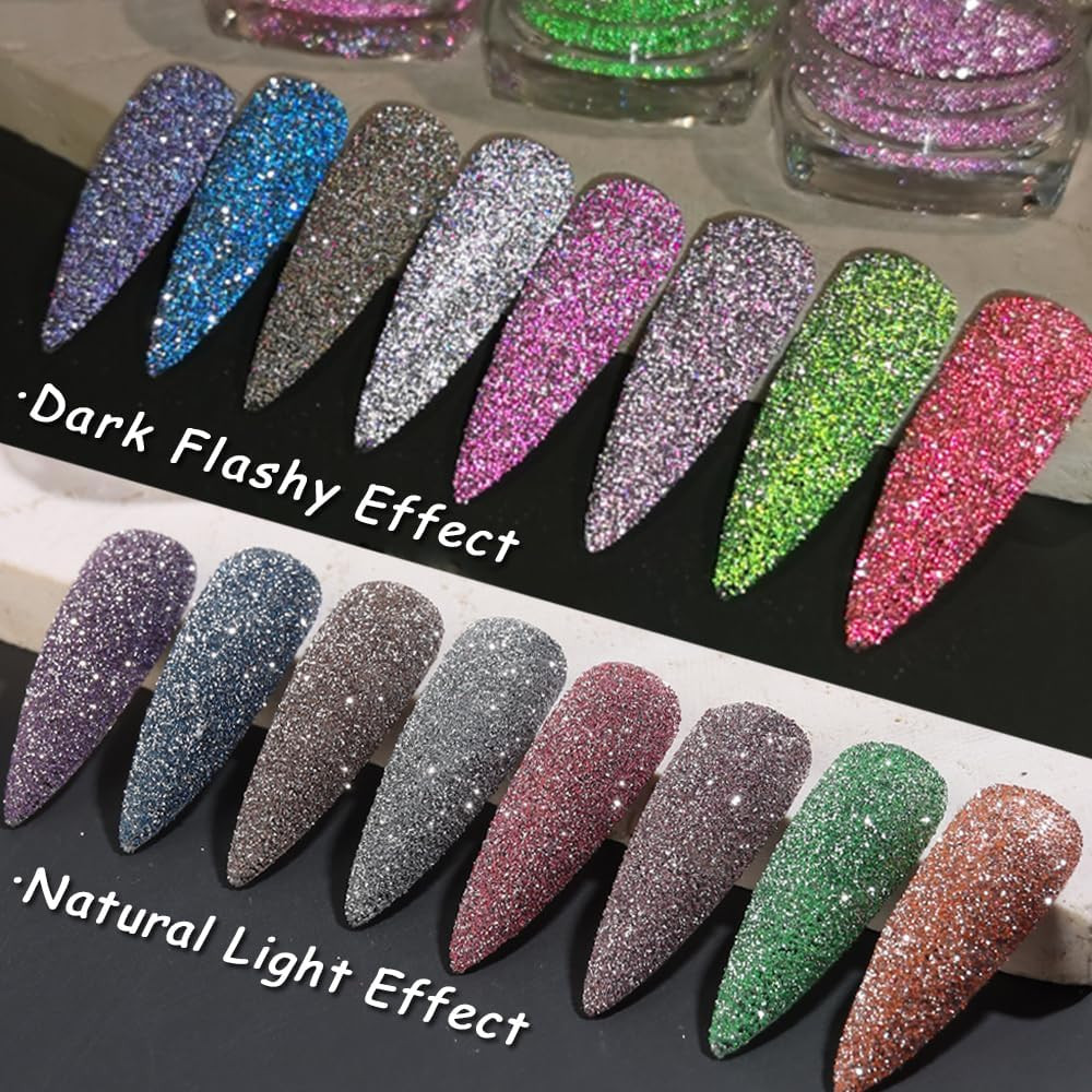 Reflective Glitter Powder Set, 8 Colors Holographic Sparkle Glitter Dust, Flash