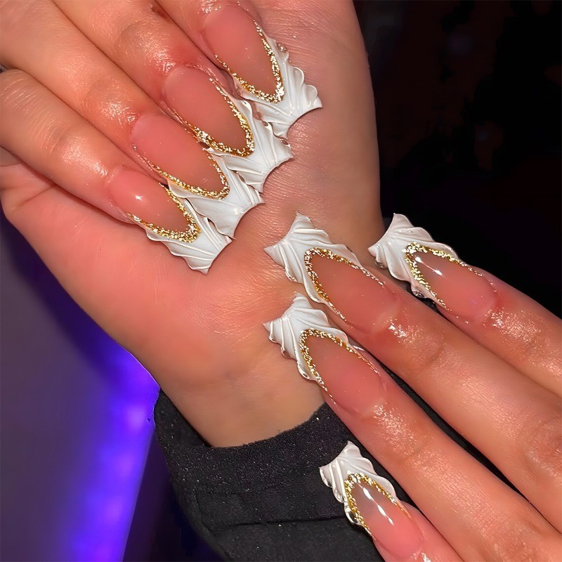 48pcs-Long Coffin Press on Nails, Nude Pink with 3D White Ribbon & Gold Lining