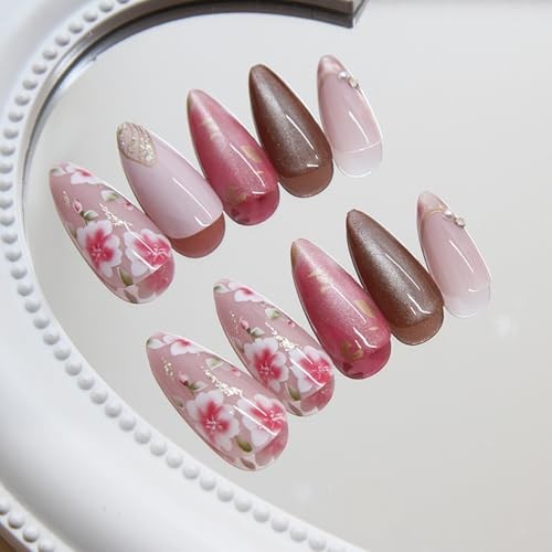 24Pcs Pink Flower Press on Nails Medium Almond Fake Nails Flower Fake Nails-2