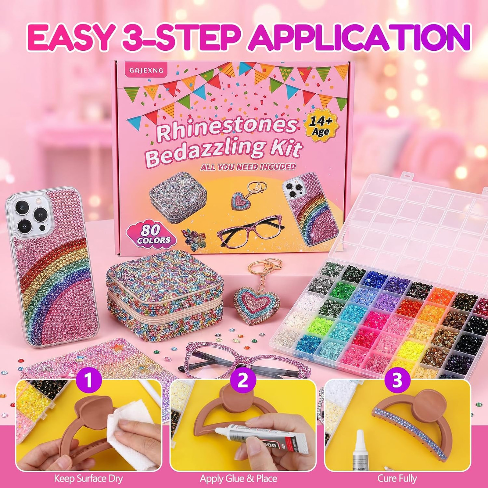 Bedazzling Kit with 80 Colors Resin Rhinestones 3mm Jewelry Glue and Tools for