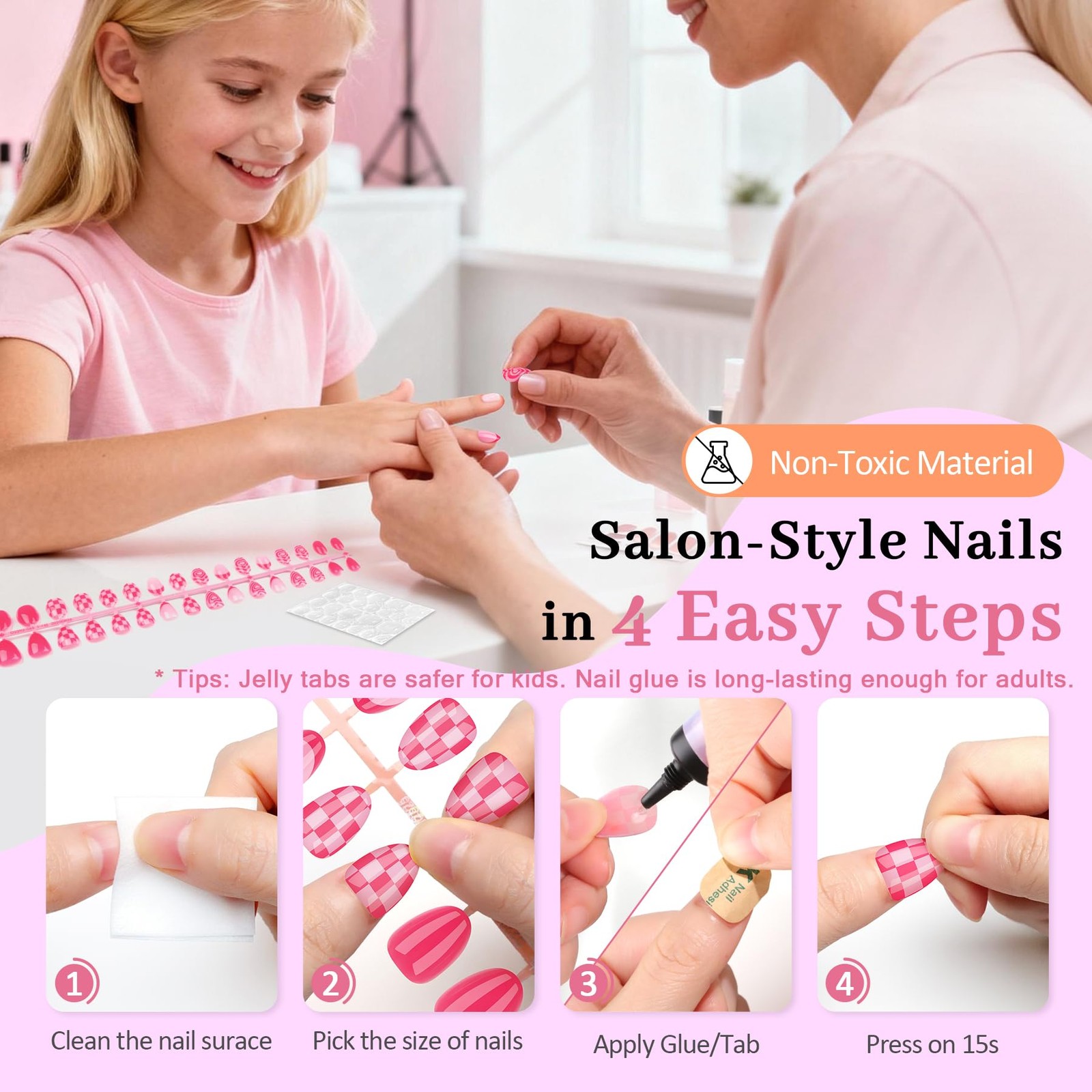 QIEK Rose Pink Grid Kids Press On Nails 1 Pack