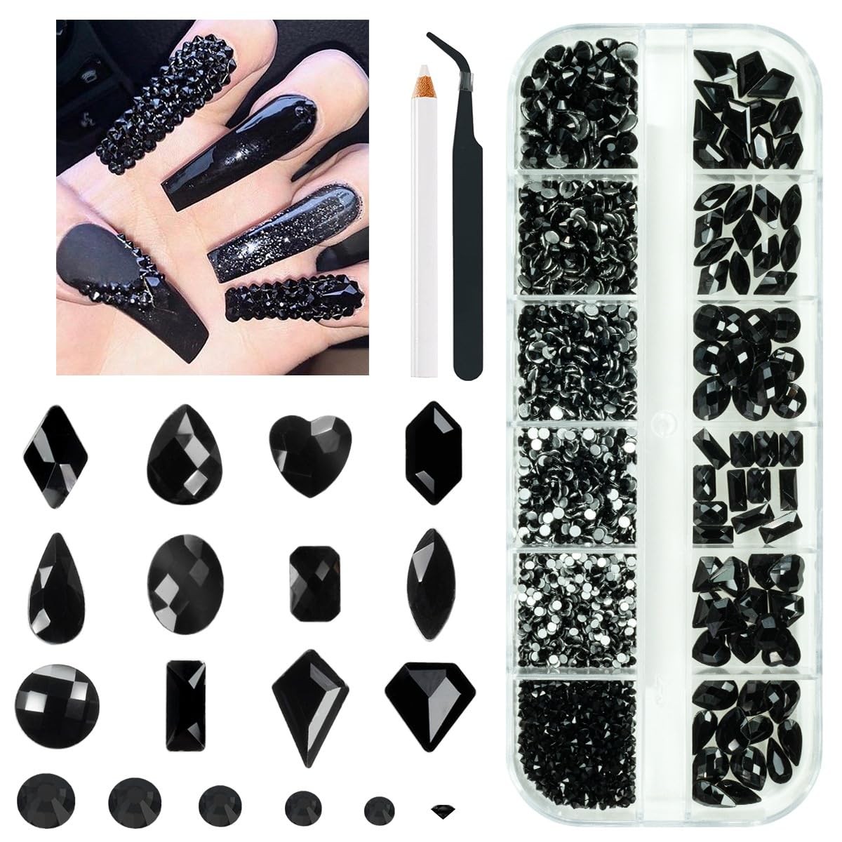 2052Pcs Black Nail Art Rhinestones Kit 72 Multi Shapes Crystal Flatback