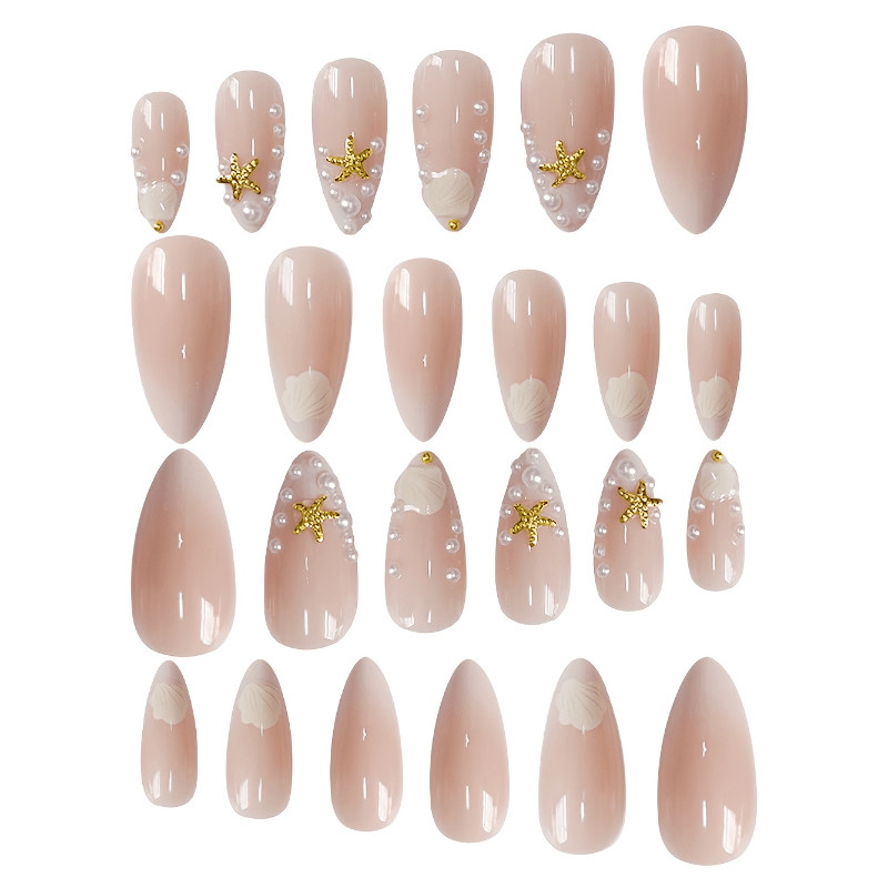 48Pcs-Medium Almond Nude White Gradient Seashell Starfish Pearl Press on Nails