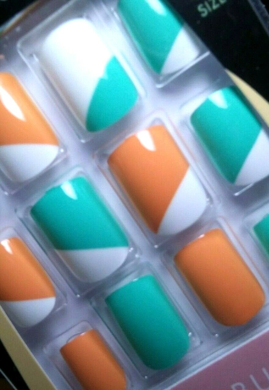 LA Colors 24 Glue On Nails Short Square Retro Orange Vintage Green Artic White