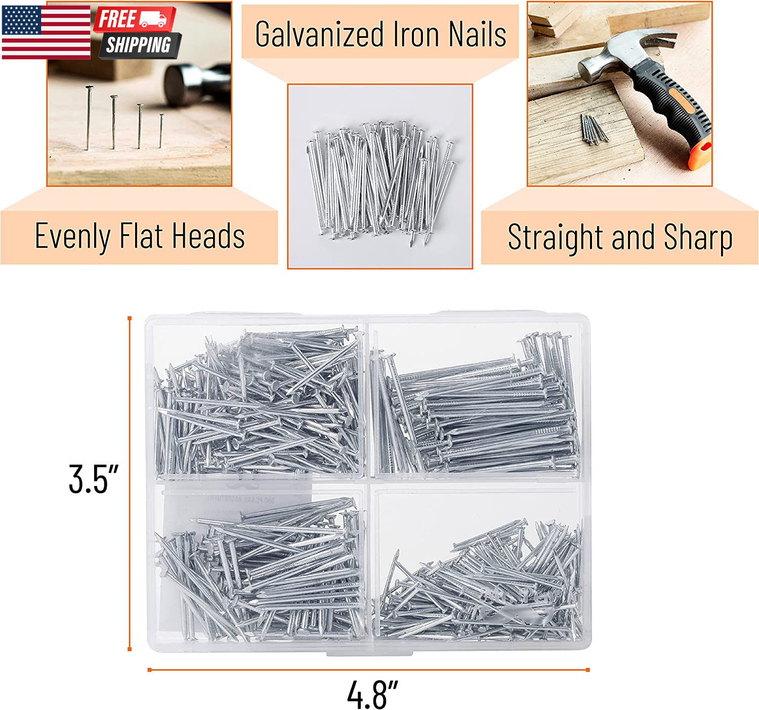 – Nail Assortment Kit, 600 Pcs, 4 Sizes, Silver, Small Nails for Hanging Picture
