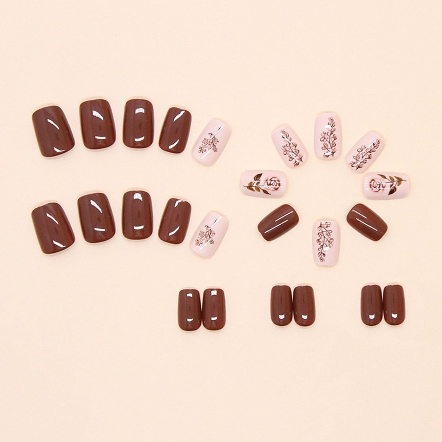 Fall Press on Nails Short False Nails with Pink Rose Leaves Designs Square Nails