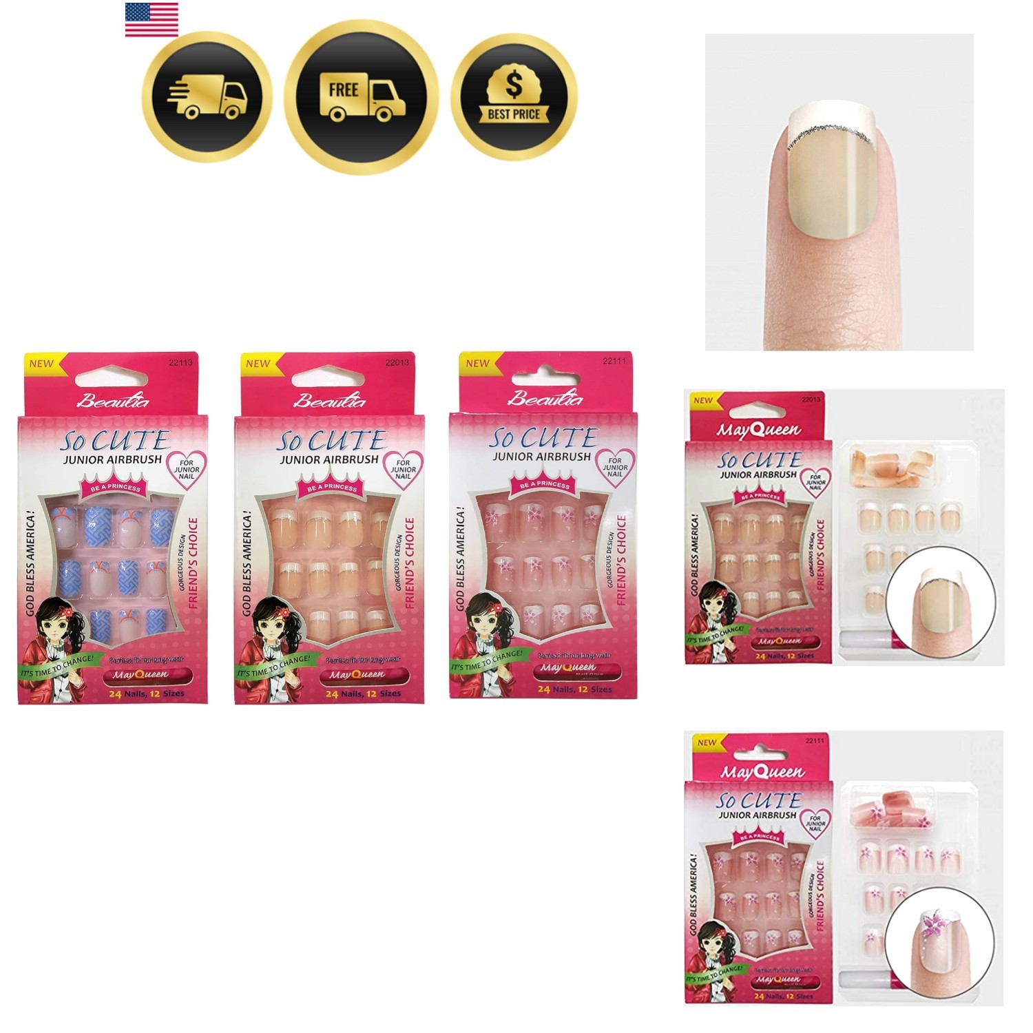 Kids Nail Tips Fake Artificial 72pcs Pack With Glue For Girls