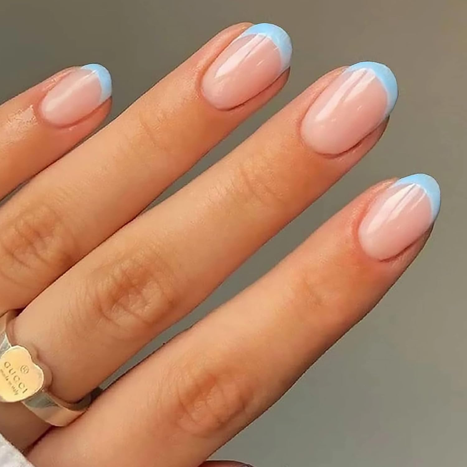 Oval Press on Nails Short Fake Nail Blue French Tip round Acrylic 0236A Blue