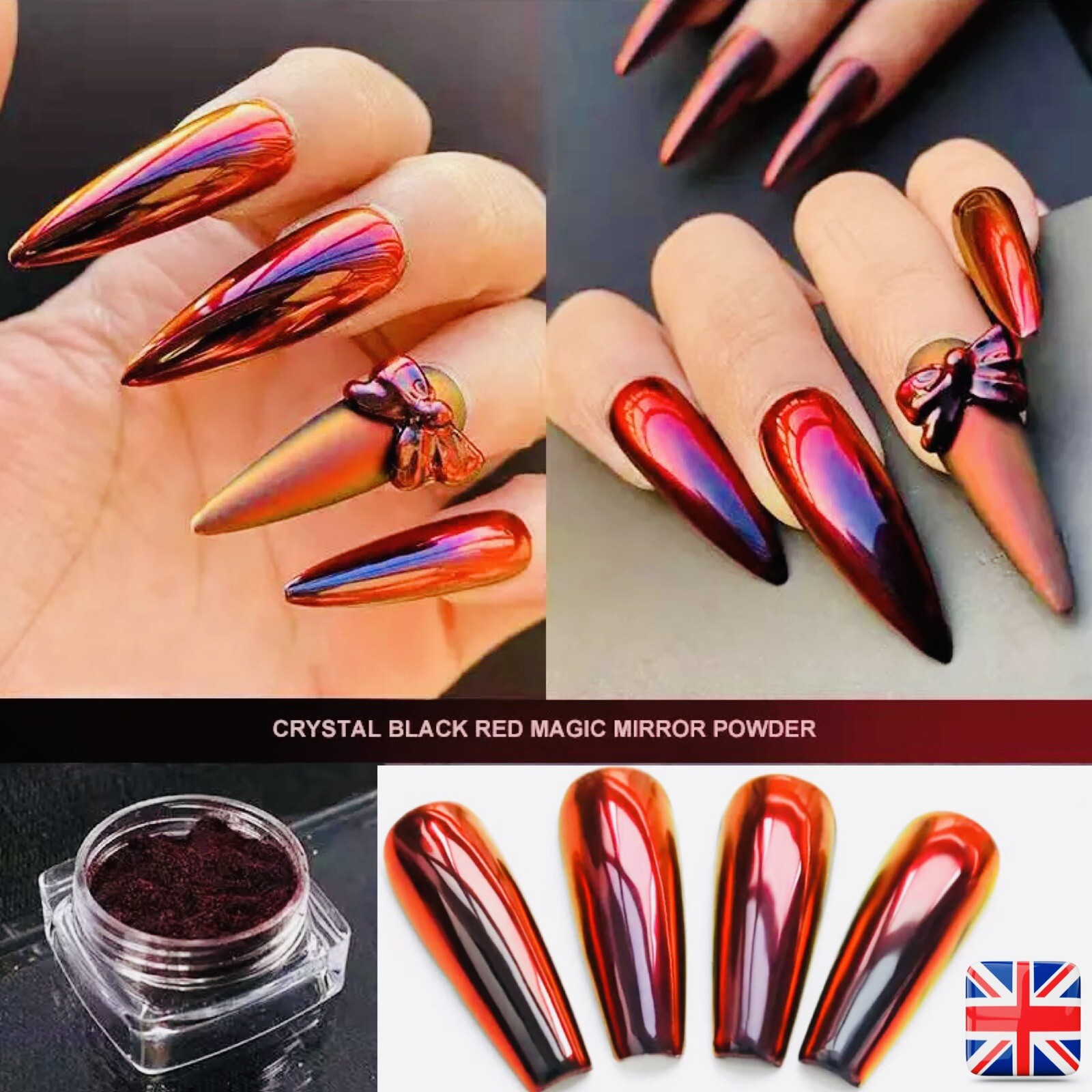 RED to BLACK Chameleon Mirror Nail Powder Duo Chrome Pigment Colour Shift H12