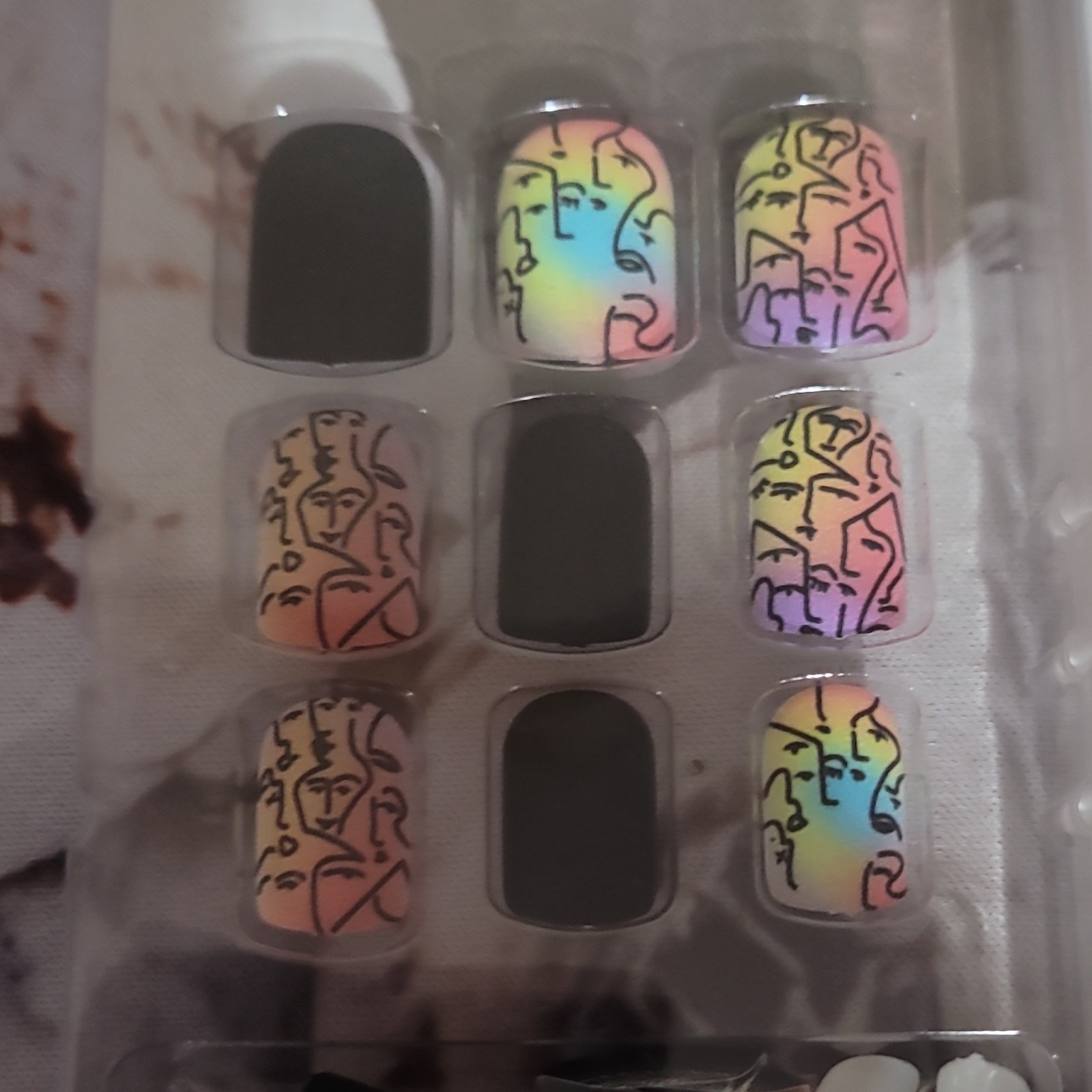 Pre-Designed Press-On Nails Short Square Matte Black Abstract Multicolor