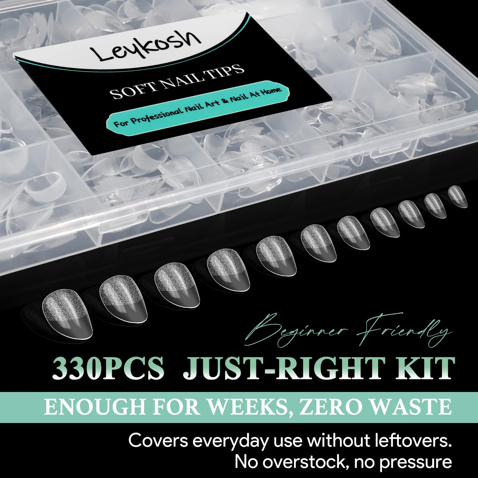 Leykosh Short Almond Nail Tips – 15 Sizes 330PCS Soft Fake Nails, Half Matte …