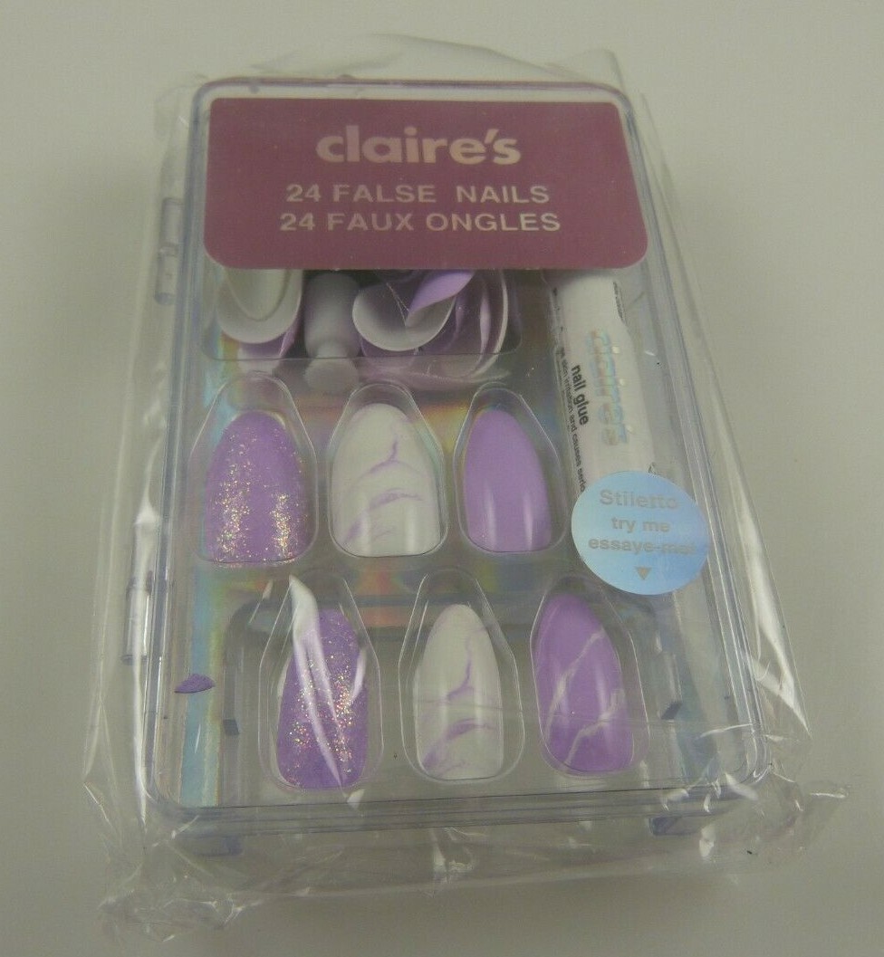 Claire’s faux false nails Purple and white with glue elegant