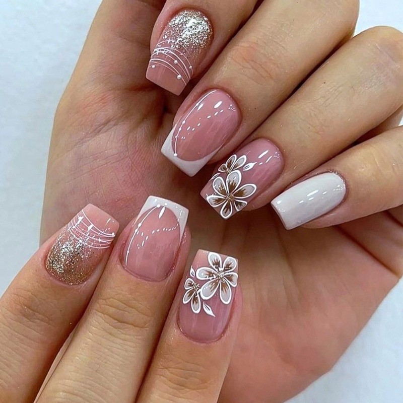 48Pcs-Elegant Line Art Press on Nails Medium Square French Floral Sparkle Design