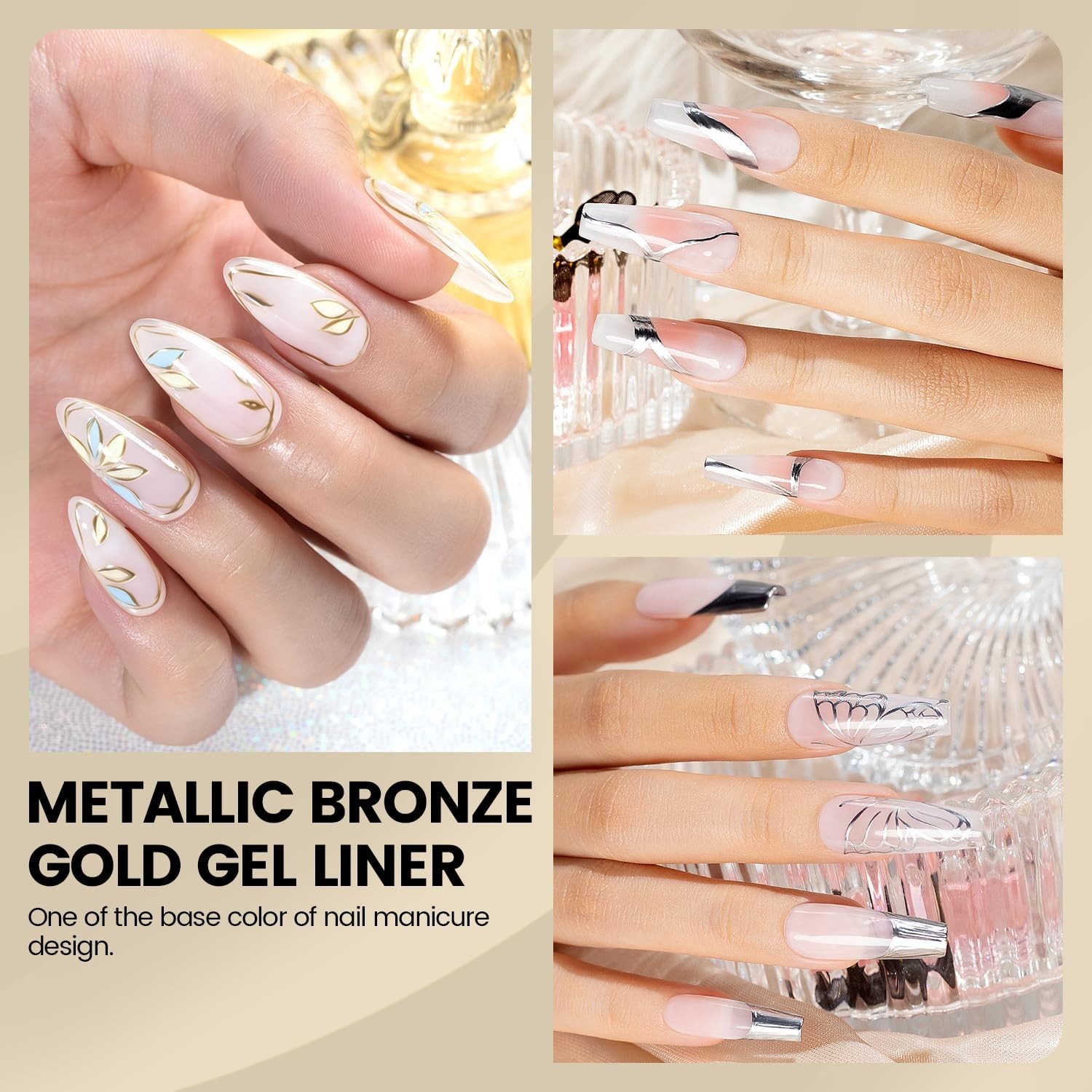 Metallic Gel Liner Nail Art Silver Bronze Gold 2Pcs Set Mirror Chrome 3D Effect