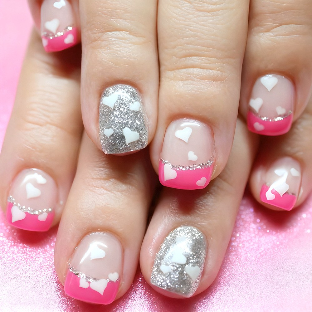 24pcs Short Pink Heart Glitter Nails. Shiny, Reusable for Parties & Any Occasion