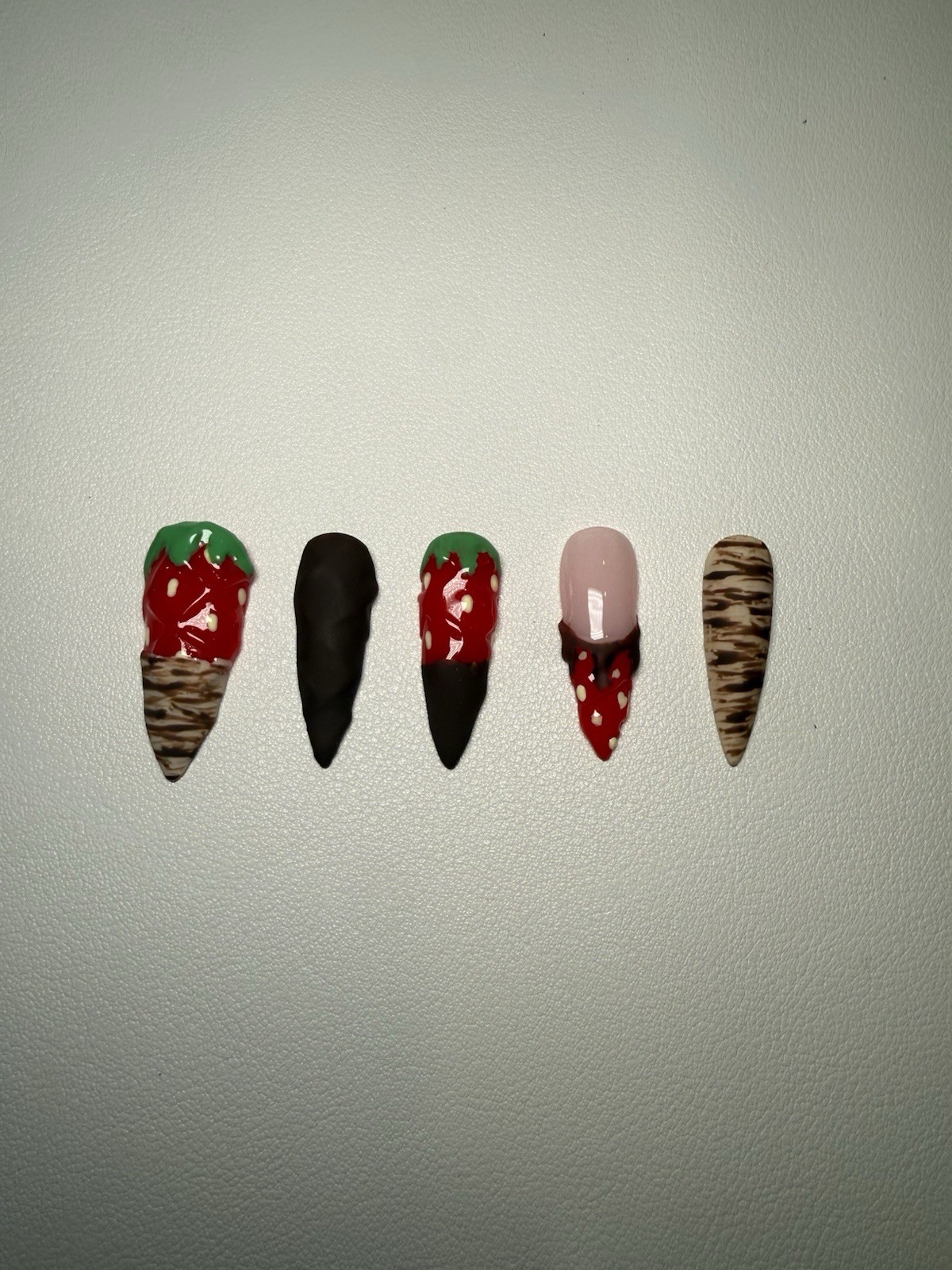Strawberry chocolate 3D stiletto press-on nails, long gel, food theme