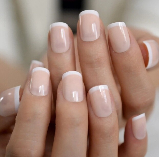 Handmade Press On Nails – Glossy Short French Tip Nails, Square Coffin Almond