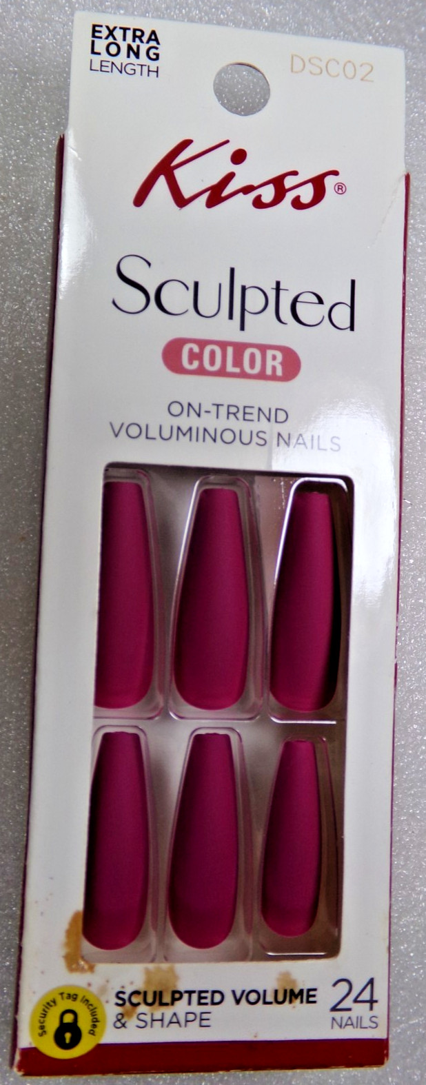 KISS NAILS GLUE ON Matte Dark Berry Pink EXTRA LONG LENGTH, Sculpted COFFIN