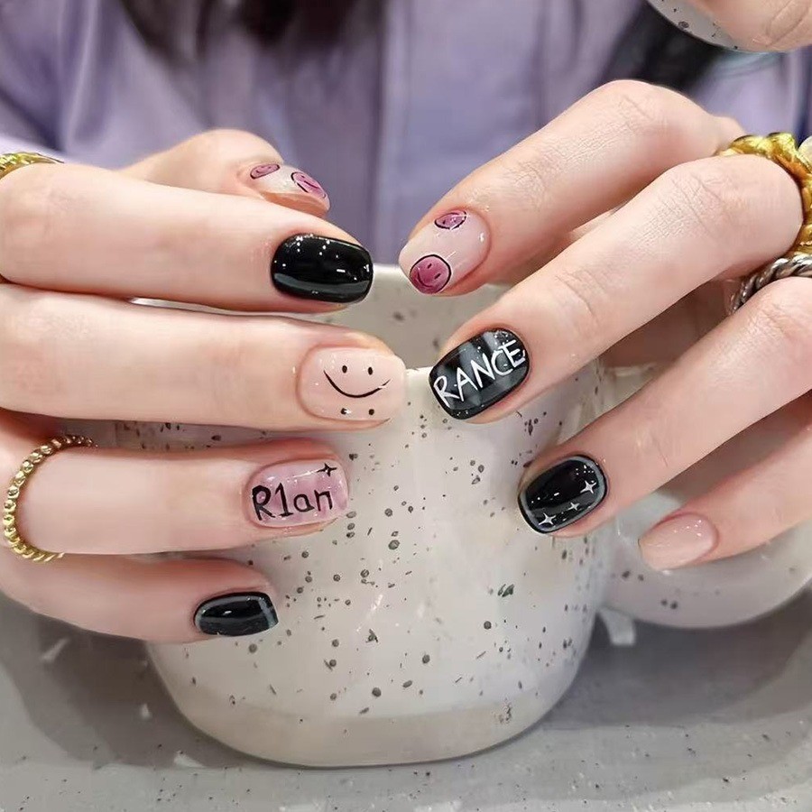48 Pcs Letter Smiley Press on Nails, Short Square Black Nude Trendy Fake Nails