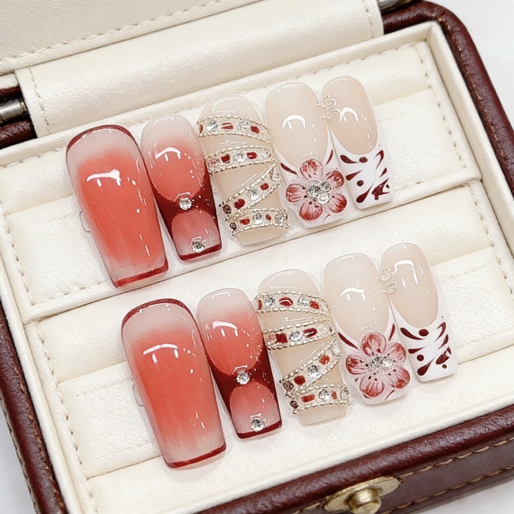 10pcs Red White Flower Press on Nails Rhinestone Long Coffin Fake Nail Tips