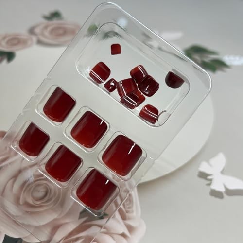 Burgundy Press On Toenails Glossy Short Square Fake Toe Nails Solid Color Red3