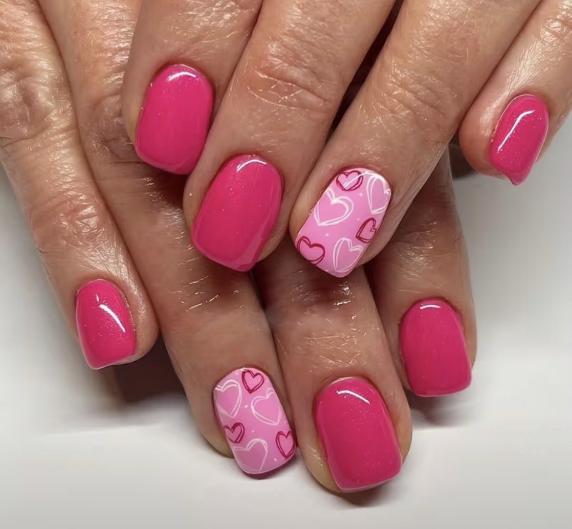 Pink White Heart Square Short Press-On Nails Shiny Pre-Designed Glue Included