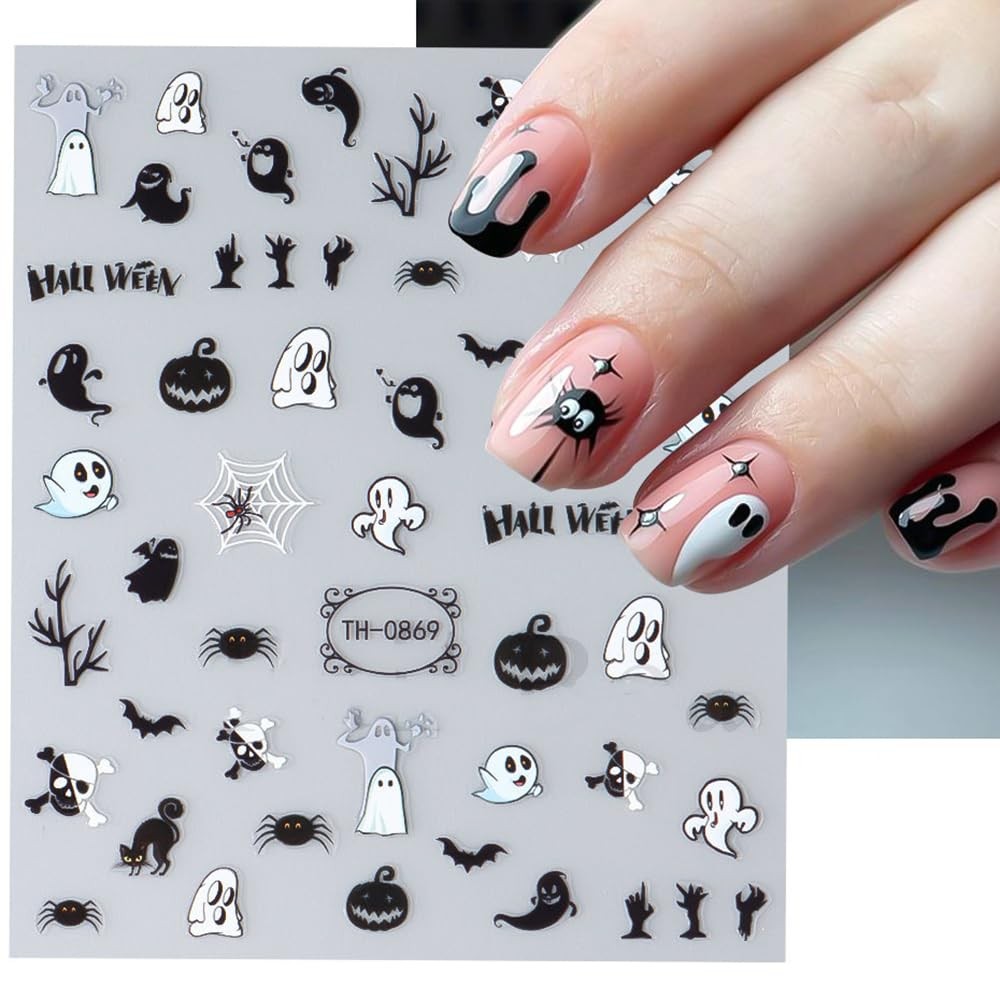 Halloween Nail Stickers, 6 Sheets Black Ghost Nail Decals 3D Self-Adhesive Small