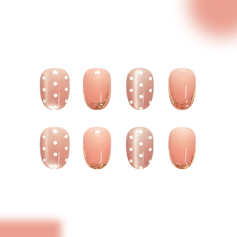 48Pcs-Short Almond Nude Pink Gold Trim White Polka Dot Elegant Press on Nails