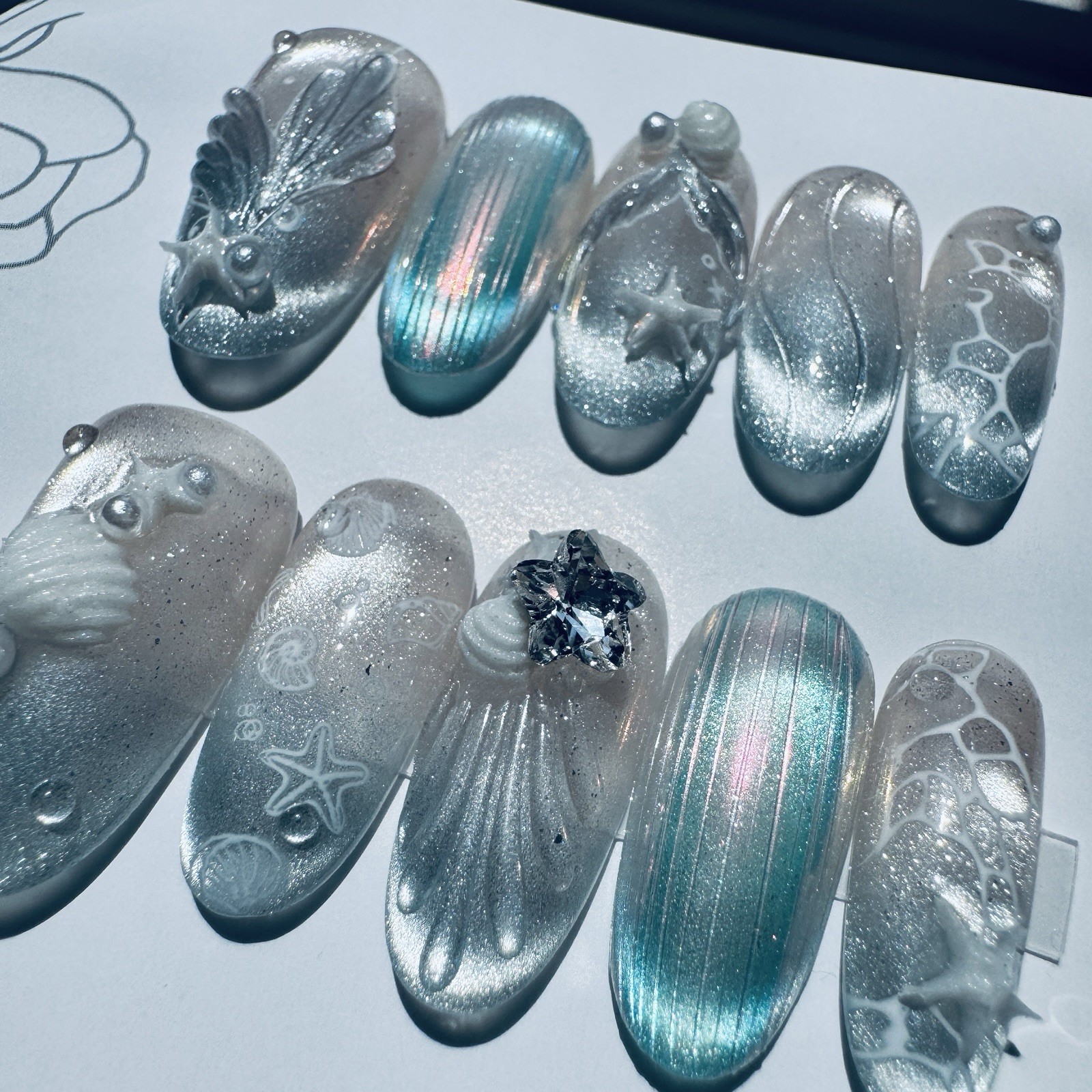 Press-On Nails Long Oval Blue/Beige Ocean Theme Laser 3D Full Cover Handmade