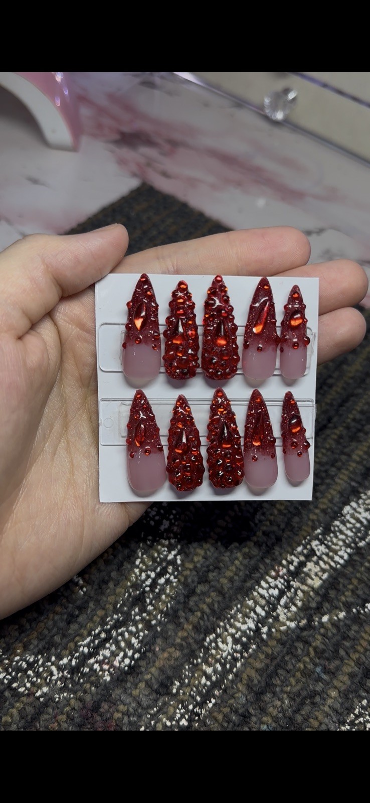 Handmade Press-On-Nails Shinny Red Long Stilettos Bling Bling 10pc Set