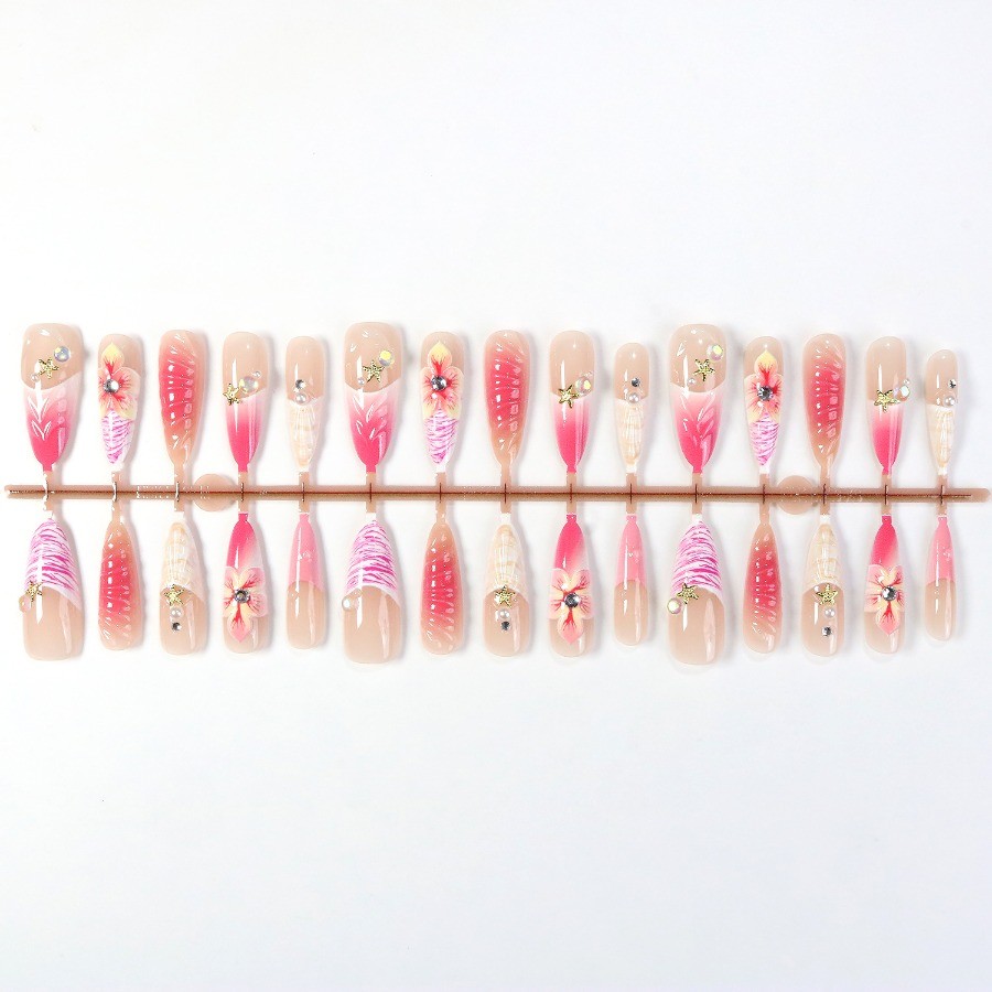 Press on Nail – Pink White Gradient, Mid To Long Vacation Nail, 48 Piece Set