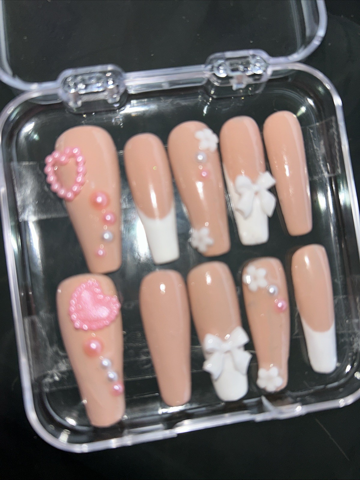 3D 24pcs Pink French Press On Nails Set with Pearls, Flowers, Hearts & Bows