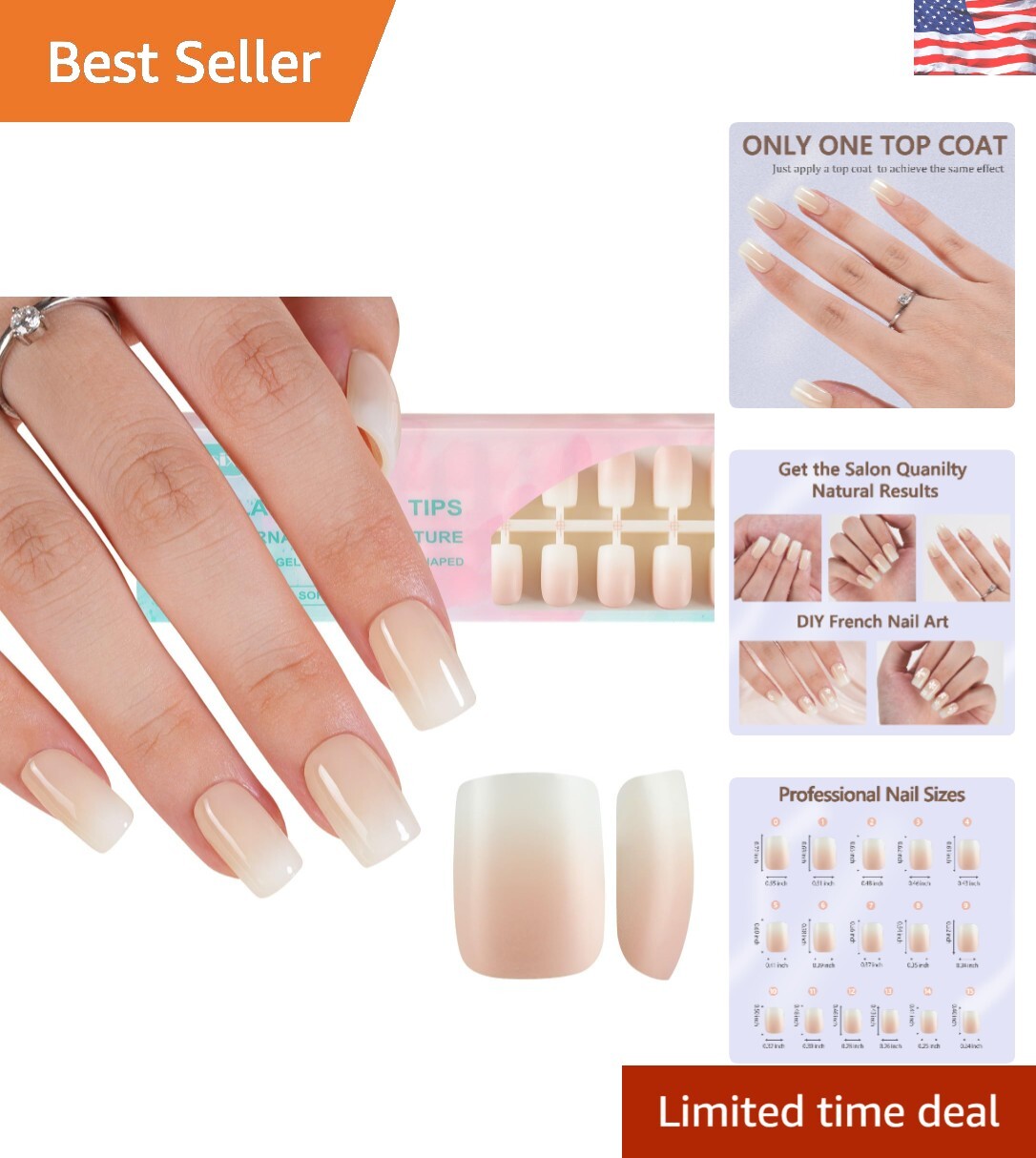 Innovative Ombre Press on Nails – 160Pcs Short Square Gel Tips, Long Lasting