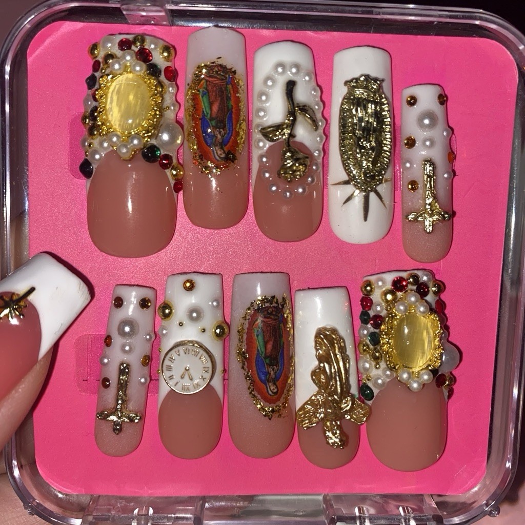 3D Religious Press-On Nails Full Cover Pre-Designed Long Square Beige White