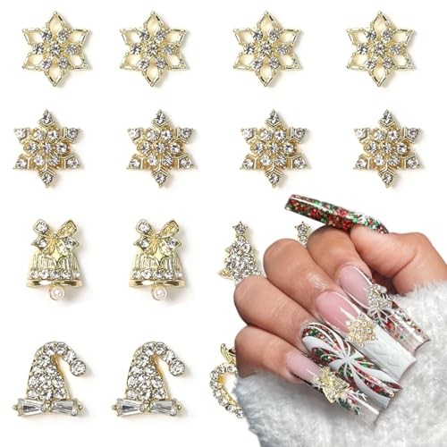 16 Pcs Christmas Nail Charms for Acrylic Nails – Gold Snowflake Hats Bell-11
