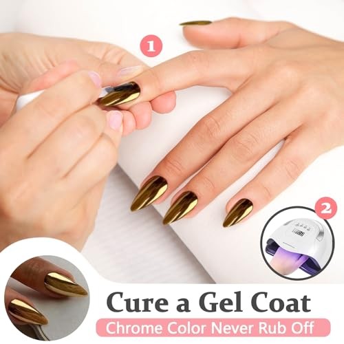Chrome Gold Press on Nails Medium Almond, Mirror Metal Stiletto almond gold