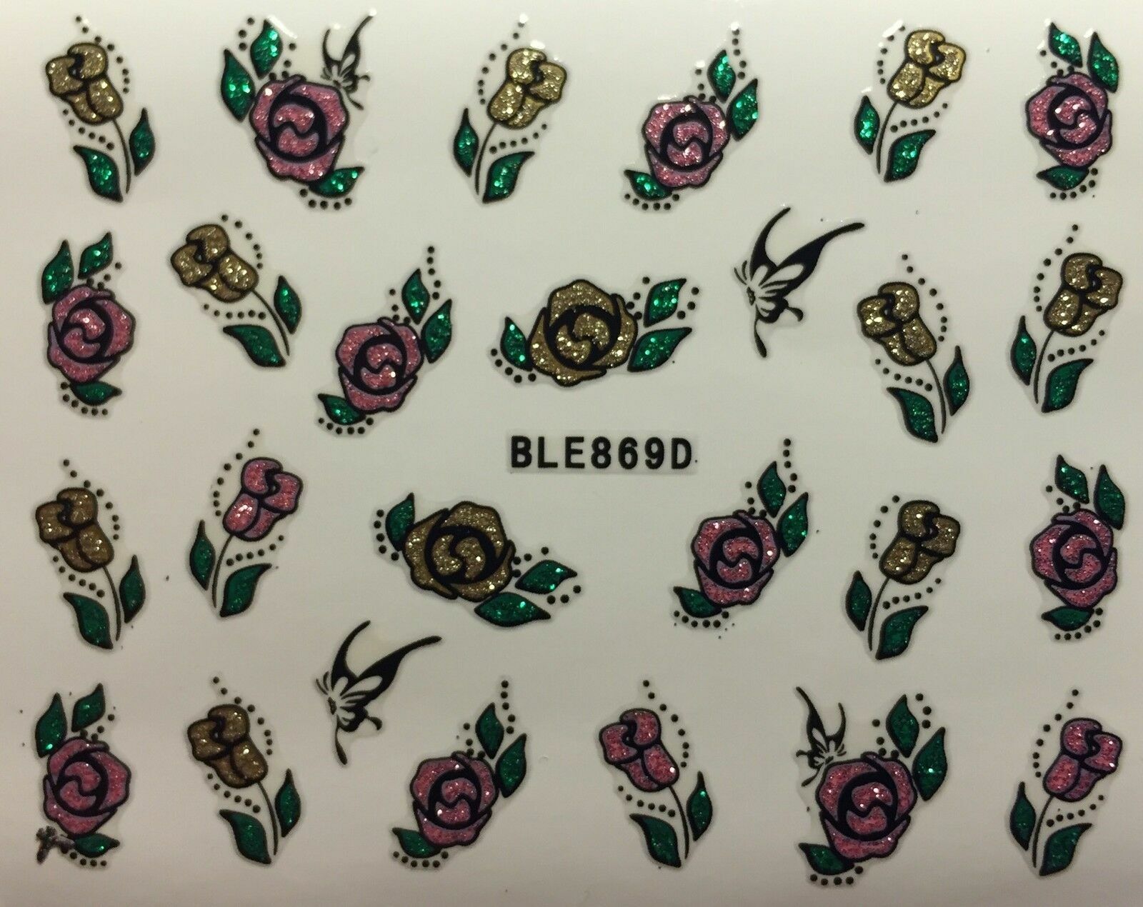 Nail Art 3D Decal Stickers Glittery Pink Gold Roses Tulips BLE869D